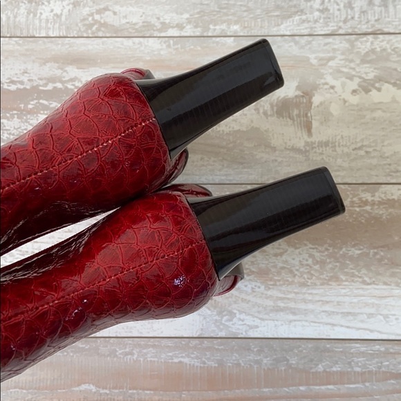 Red Patent Leather Square Toe High Heel Boots - Picture 12 of 13